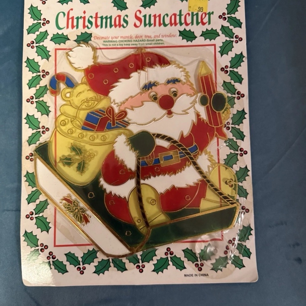 NIW Vintage Stained Glass SANTA Christmas Ornament Sun Catcher Crystalline 8”